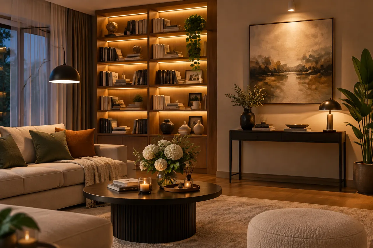 accente decorative de iluminat într-un living modern