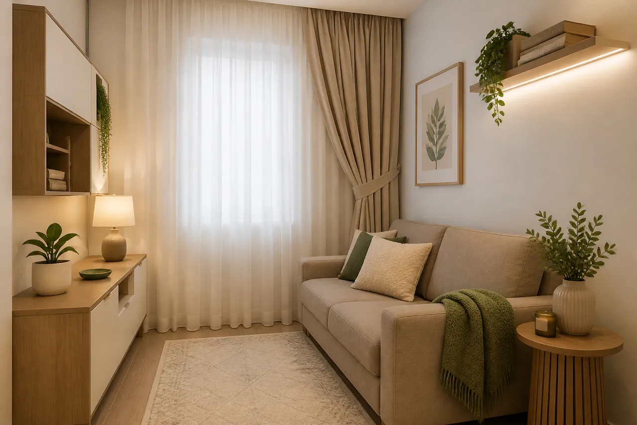amenajare cu perdele lungi și mobilier compact