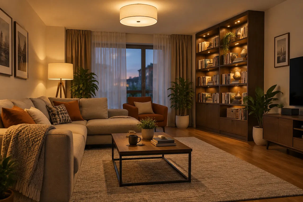 iluminat stratificat în living cu lumină generală de lucru și decorativă